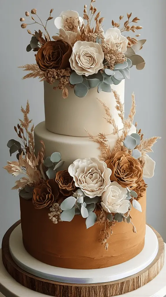 A three-tier boho chic cake with fondant in warm earth tones,including muted terracotta and sage,accented with natural embellishments like dried eucalyptus and ivory blooms.