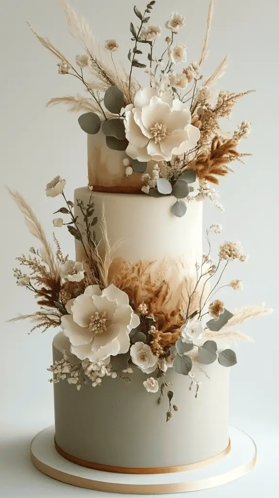 A three-tier boho chic cake with fondant in warm earth tones,including muted terracotta and sage,accented with natural embellishments like dried eucalyptus and ivory blooms.