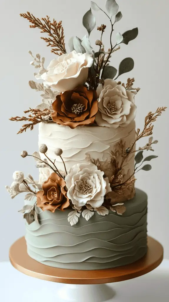 A three-tier boho chic cake with fondant in warm earth tones, including muted terracotta and sage, accented with natural embellishments like dried eucalyptus and ivory blooms.