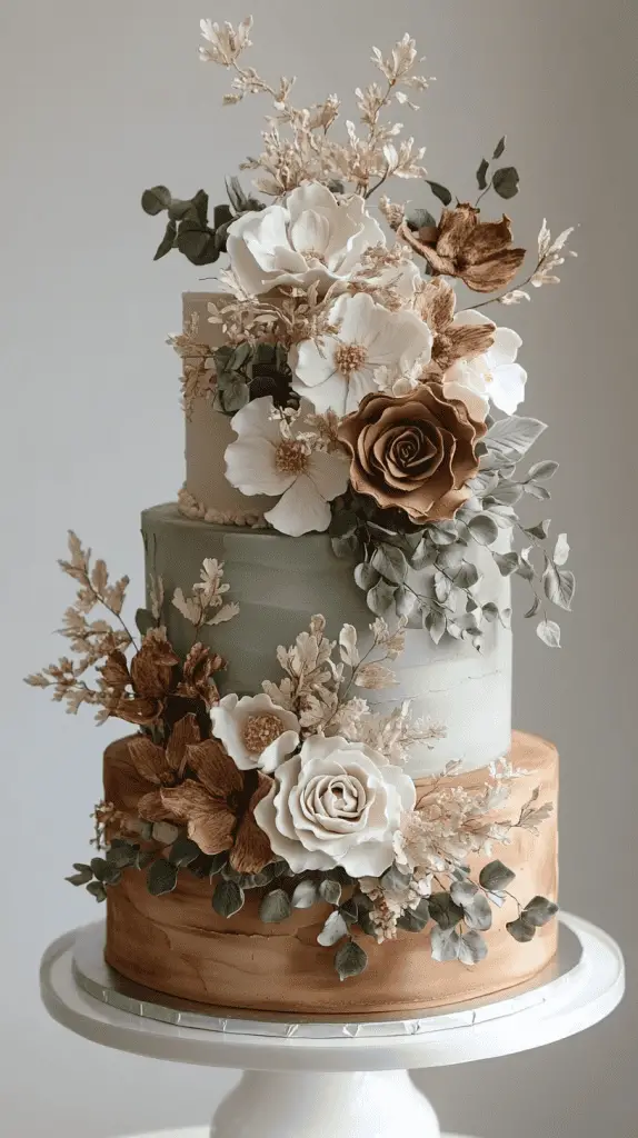A three-tier boho chic cake with fondant in warm earth tones, including muted terracotta and sage, accented with natural embellishments like dried eucalyptus and ivory blooms.