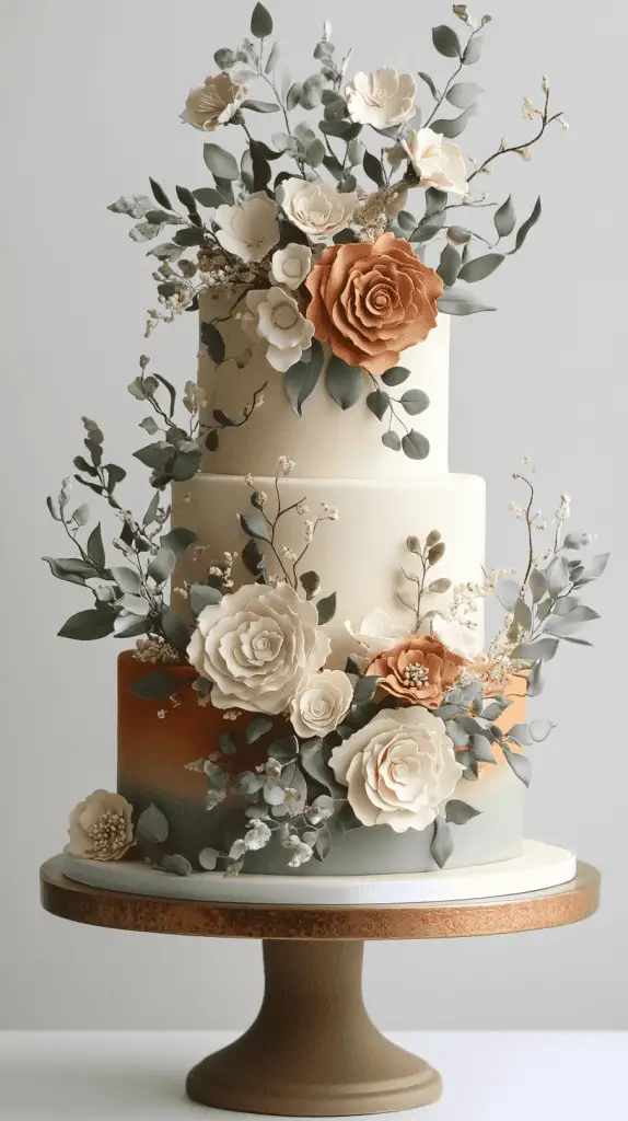 A three-tier boho chic cake with fondant in warm earth tones,including muted terracotta and sage,accented with natural embellishments like dried eucalyptus and ivory blooms.