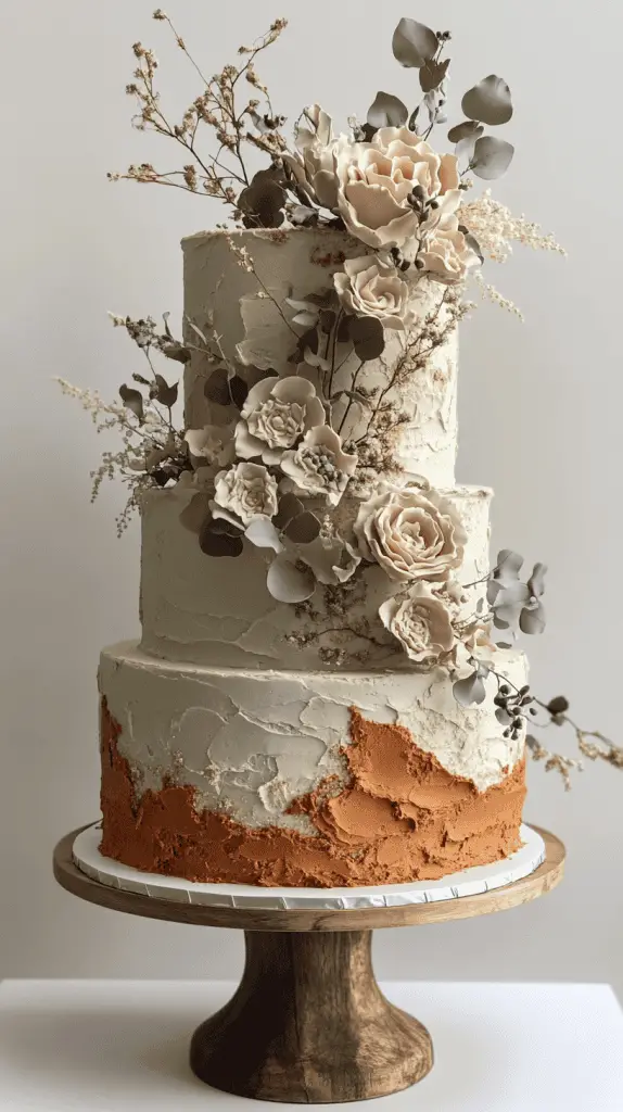 A three-tier boho chic cake with fondant in warm earth tones, including muted terracotta and sage, accented with natural embellishments like dried eucalyptus and ivory blooms.
