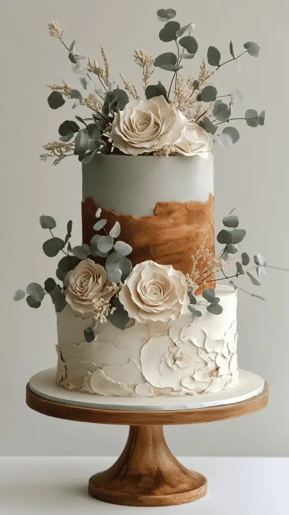 A three-tier boho chic cake with fondant in warm earth tones, including muted terracotta and sage, accented with natural embellishments like dried eucalyptus and ivory blooms.