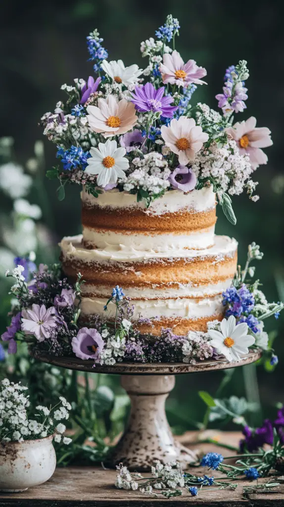 A two-tiered bohemian naked cake,decorated with delicate wildflowers and greenery,showcasing an elegant contrast between the exposed cake layers and the smooth buttercream between them.