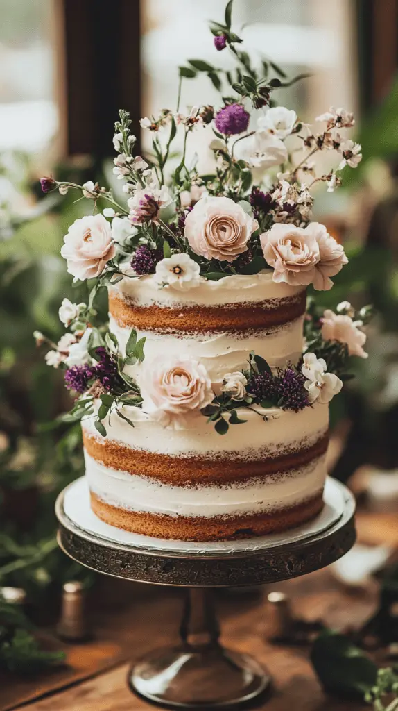 A two-tiered bohemian naked cake, decorated with delicate wildflowers and greenery, showcasing an elegant contrast between the exposed cake layers and the smooth buttercream between them.