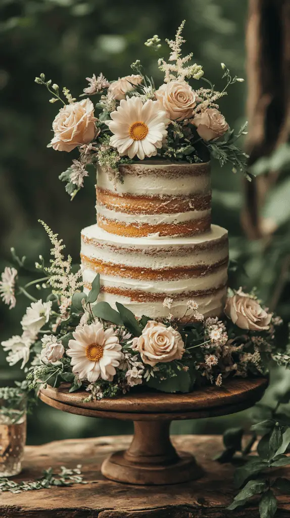 A two-tiered bohemian naked cake, decorated with delicate wildflowers and greenery, showcasing an elegant contrast between the exposed cake layers and the smooth buttercream between them.