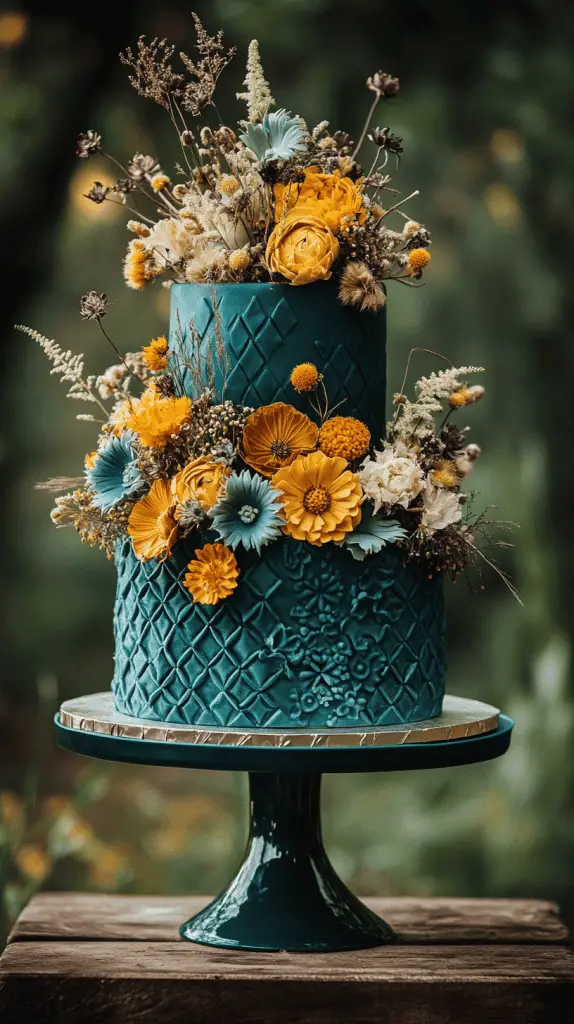 A vibrant bohemian wedding cake featuring bold hues of teal and mustard, adorned with geometric patterns and dried flowers, capturing the eclectic spirit of a boho celebration.
