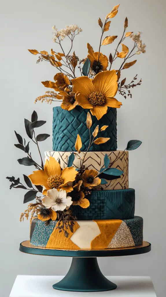A vibrant bohemian wedding cake featuring bold hues of teal and mustard, adorned with geometric patterns and dried flowers, capturing the eclectic spirit of a boho celebration.