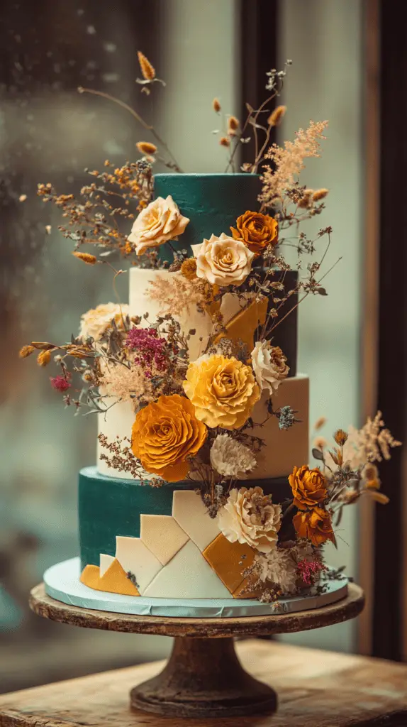 A vibrant bohemian wedding cake featuring bold hues of teal and mustard, adorned with geometric patterns and dried flowers, capturing the eclectic spirit of a boho celebration.
