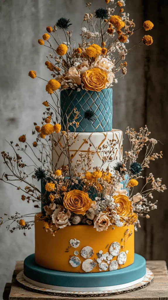 A vibrant bohemian wedding cake featuring bold hues of teal and mustard, adorned with geometric patterns and dried flowers, capturing the eclectic spirit of a boho celebration.
