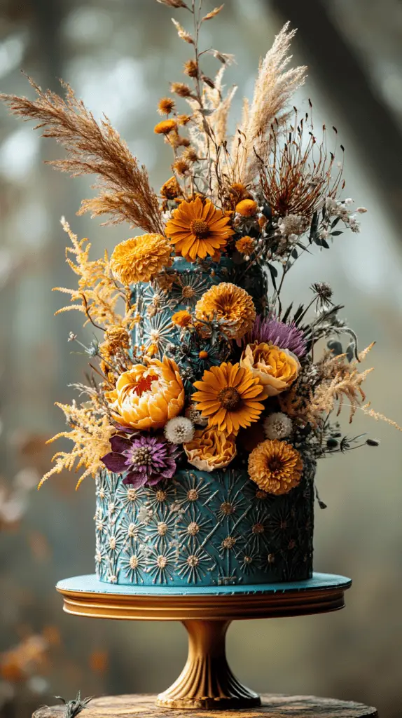 A vibrant bohemian wedding cake featuring bold hues of teal and mustard, adorned with geometric patterns and dried flowers, capturing the eclectic spirit of a boho celebration.