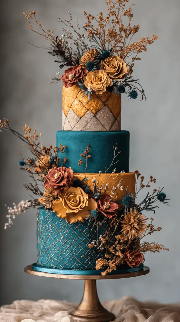 A vibrant bohemian wedding cake featuring bold hues of teal and mustard,adorned with geometric patterns and dried flowers,capturing the eclectic spirit of a boho celebration.