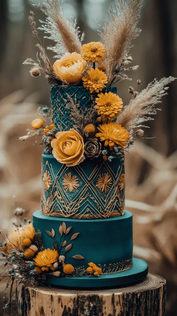 A vibrant bohemian wedding cake featuring bold hues of teal and mustard, adorned with geometric patterns and dried flowers, capturing the eclectic spirit of a boho celebration.