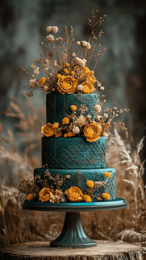 A vibrant bohemian wedding cake featuring bold hues of teal and mustard, adorned with geometric patterns and dried flowers, capturing the eclectic spirit of a boho celebration.