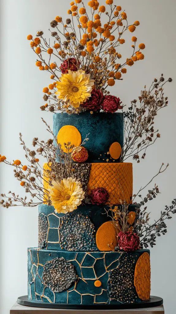 A vibrant bohemian wedding cake featuring bold hues of teal and mustard, adorned with geometric patterns and dried flowers, capturing the eclectic spirit of a boho celebration.