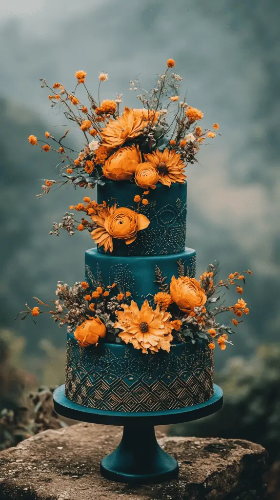 A vibrant bohemian wedding cake featuring bold hues of teal and mustard, adorned with geometric patterns and dried flowers, capturing the eclectic spirit of a boho celebration.
