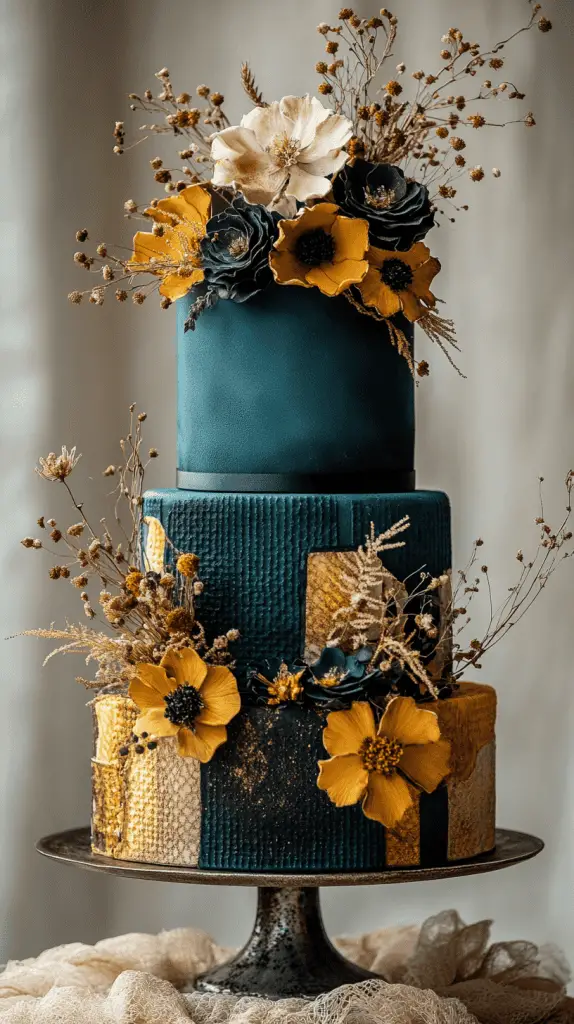 A vibrant bohemian wedding cake featuring bold hues of teal and mustard, adorned with geometric patterns and dried flowers, capturing the eclectic spirit of a boho celebration.