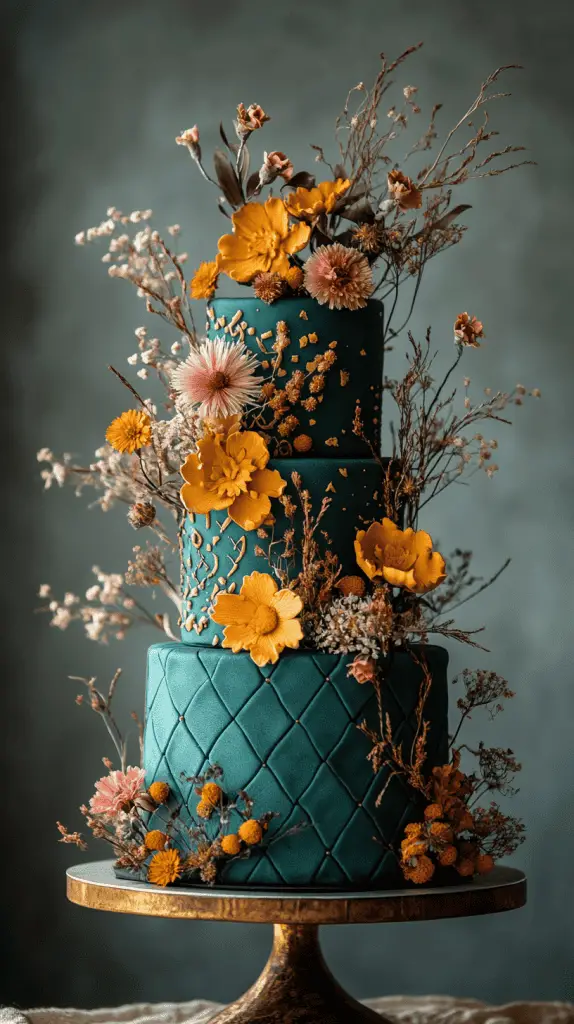 A vibrant bohemian wedding cake featuring bold hues of teal and mustard, adorned with geometric patterns and dried flowers, capturing the eclectic spirit of a boho celebration.