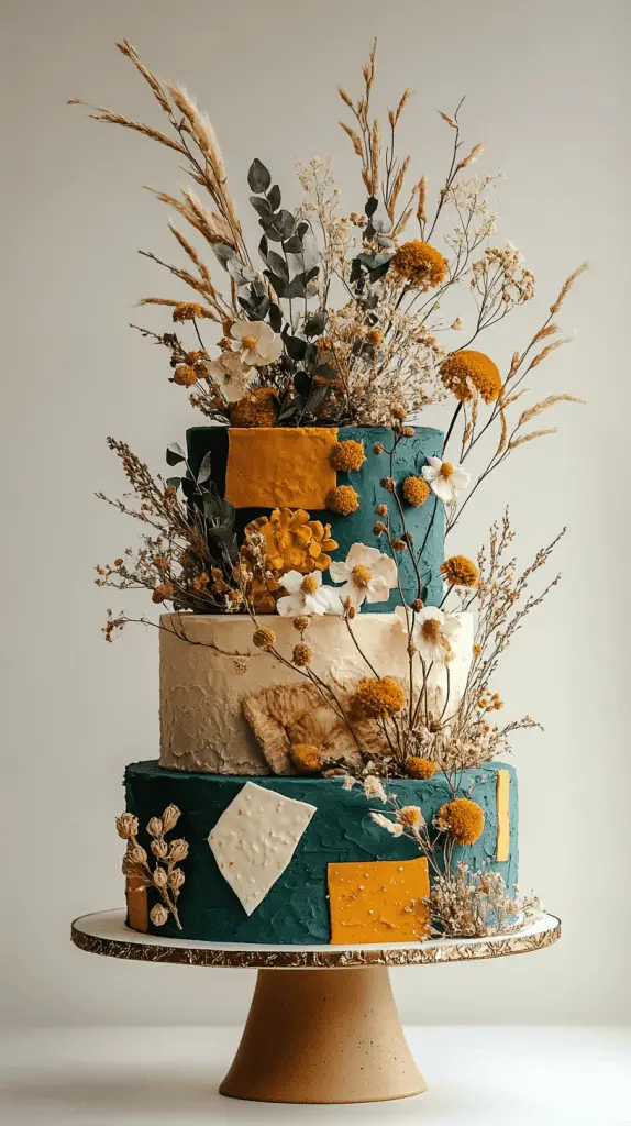 A vibrant bohemian wedding cake featuring bold hues of teal and mustard, adorned with geometric patterns and dried flowers, capturing the eclectic spirit of a boho celebration.