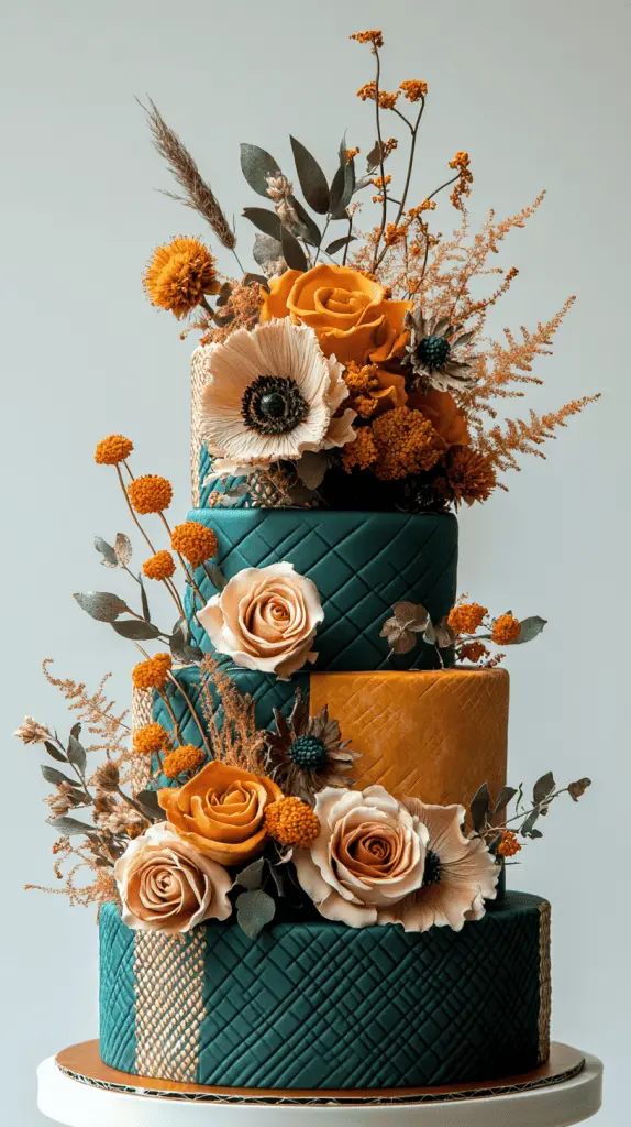 A vibrant bohemian wedding cake featuring bold hues of teal and mustard, adorned with geometric patterns and dried flowers, capturing the eclectic spirit of a boho celebration.
