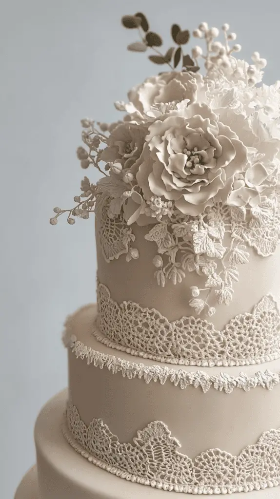 A boho chic wedding cake adorned with intricate piped icing in lace and crochet-inspired patterns, featuring muted tones of ivory and beige for a romantic, vintage feel.