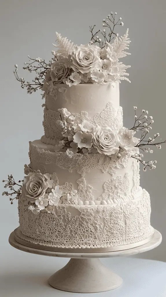 A boho chic wedding cake adorned with intricate piped icing in lace and crochet-inspired patterns, featuring muted tones of ivory and beige for a romantic, vintage feel.
