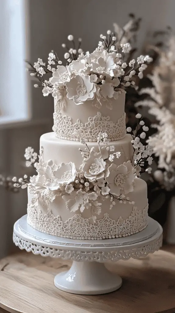 A boho chic wedding cake adorned with intricate piped icing in lace and crochet-inspired patterns, featuring muted tones of ivory and beige for a romantic, vintage feel.