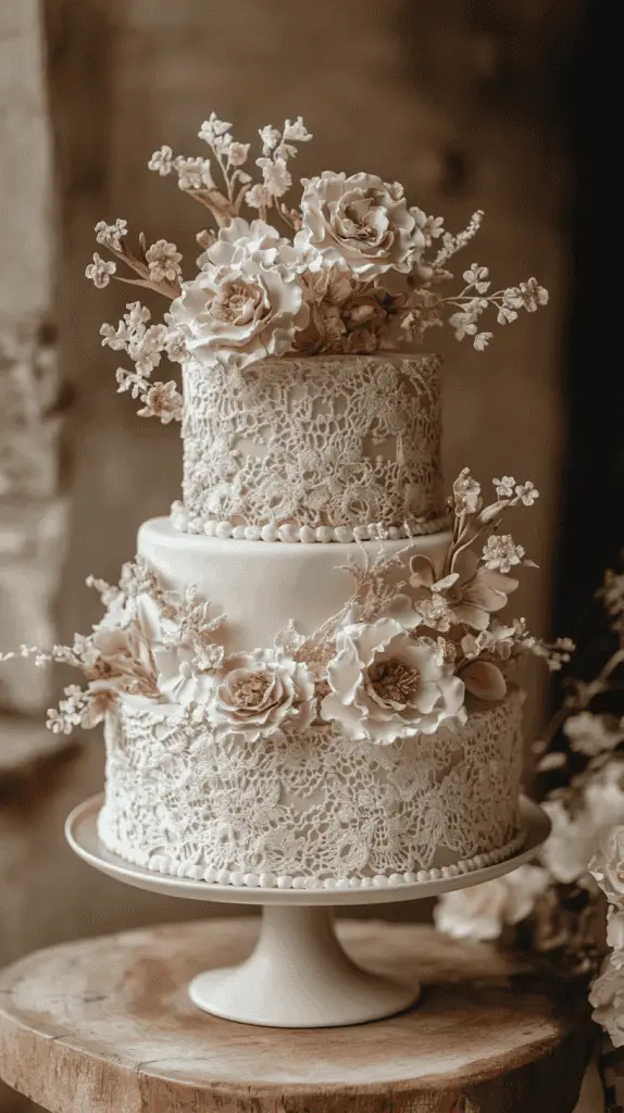 A boho chic wedding cake adorned with intricate piped icing in lace and crochet-inspired patterns, featuring muted tones of ivory and beige for a romantic, vintage feel.