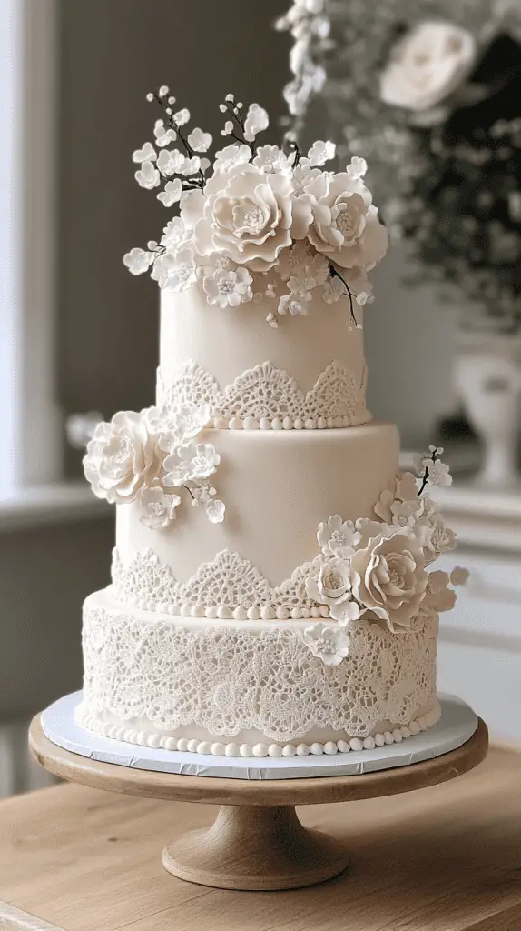 A boho chic wedding cake adorned with intricate piped icing in lace and crochet-inspired patterns, featuring muted tones of ivory and beige for a romantic, vintage feel.