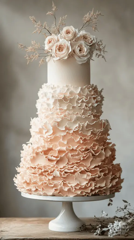 A soft pastel boho chic wedding cake with delicate ruffled layers of fondant,creating a flowing,fabric-like texture that adds movement and romance to the design.