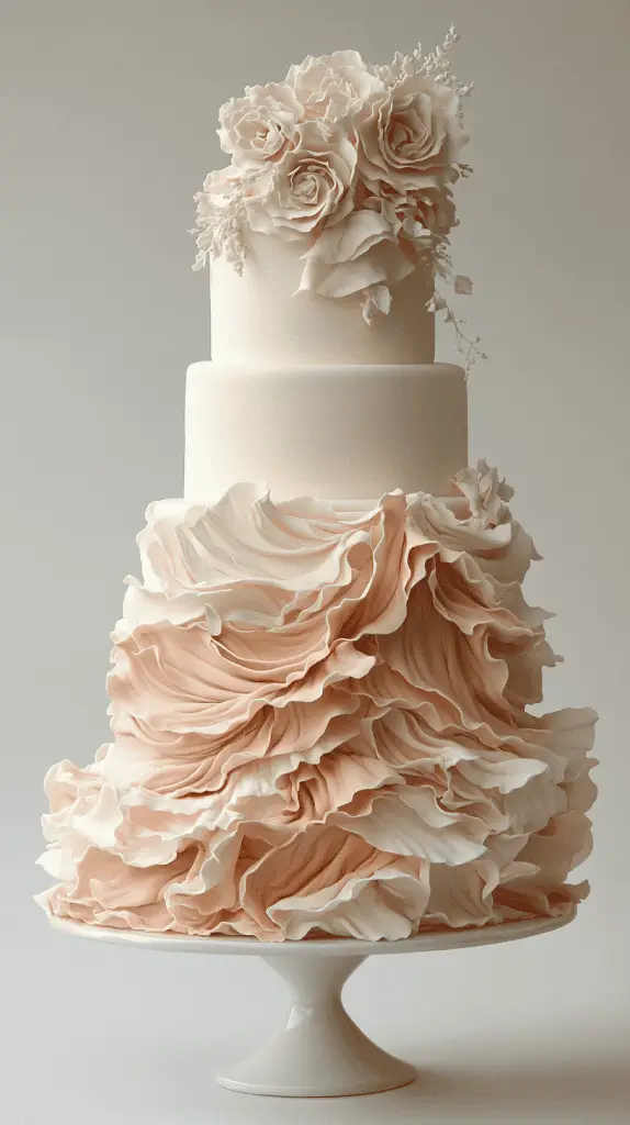 A soft pastel boho chic wedding cake with delicate ruffled layers of fondant, creating a flowing, fabric-like texture that adds movement and romance to the design.