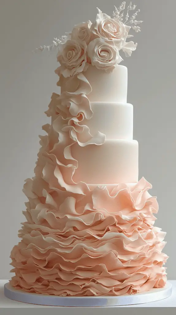 A soft pastel boho chic wedding cake with delicate ruffled layers of fondant, creating a flowing, fabric-like texture that adds movement and romance to the design.