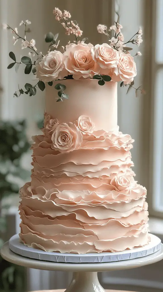A soft pastel boho chic wedding cake with delicate ruffled layers of fondant, creating a flowing, fabric-like texture that adds movement and romance to the design.