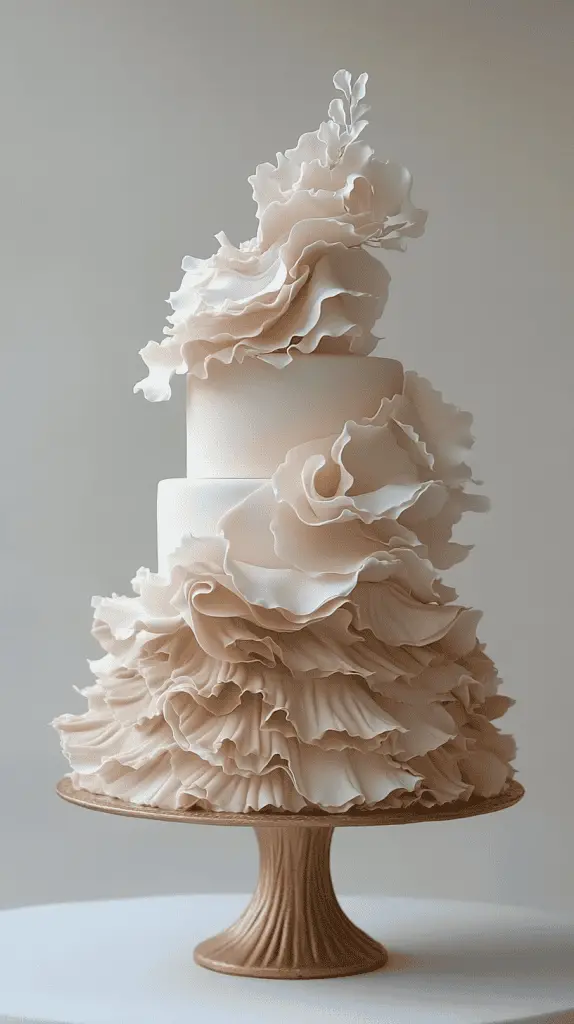 A soft pastel boho chic wedding cake with delicate ruffled layers of fondant, creating a flowing, fabric-like texture that adds movement and romance to the design.