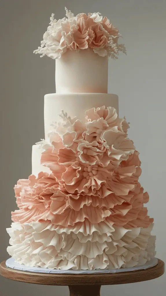 A soft pastel boho chic wedding cake with delicate ruffled layers of fondant,creating a flowing,fabric-like texture that adds movement and romance to the design.