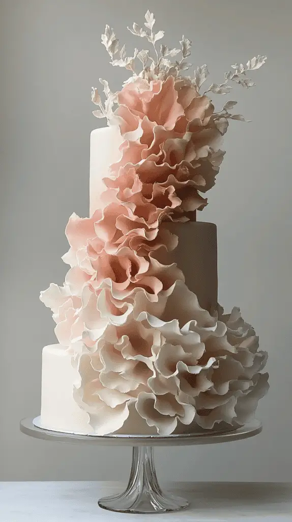 A soft pastel boho chic wedding cake with delicate ruffled layers of fondant, creating a flowing, fabric-like texture that adds movement and romance to the design.