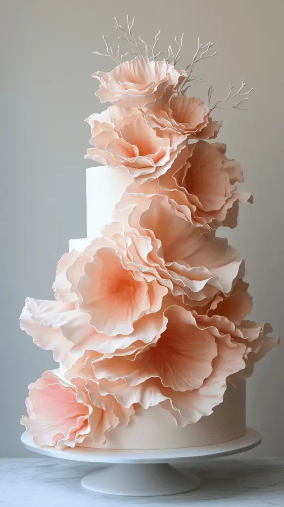 A soft pastel boho chic wedding cake with delicate ruffled layers of fondant,creating a flowing,fabric-like texture that adds movement and romance to the design.
