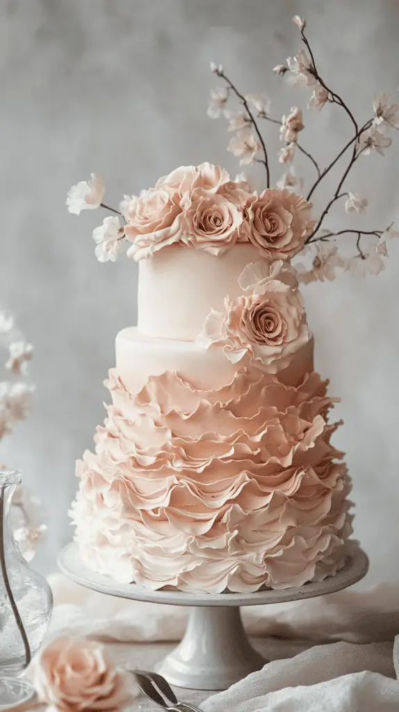 A soft pastel boho chic wedding cake with delicate ruffled layers of fondant, creating a flowing, fabric-like texture that adds movement and romance to the design.