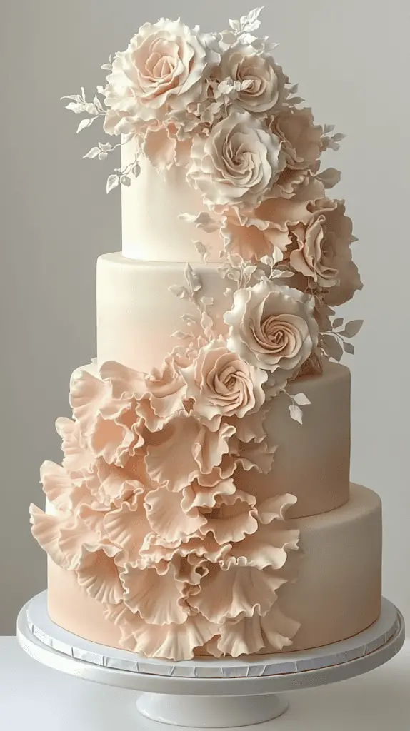 A soft pastel boho chic wedding cake with delicate ruffled layers of fondant, creating a flowing, fabric-like texture that adds movement and romance to the design.