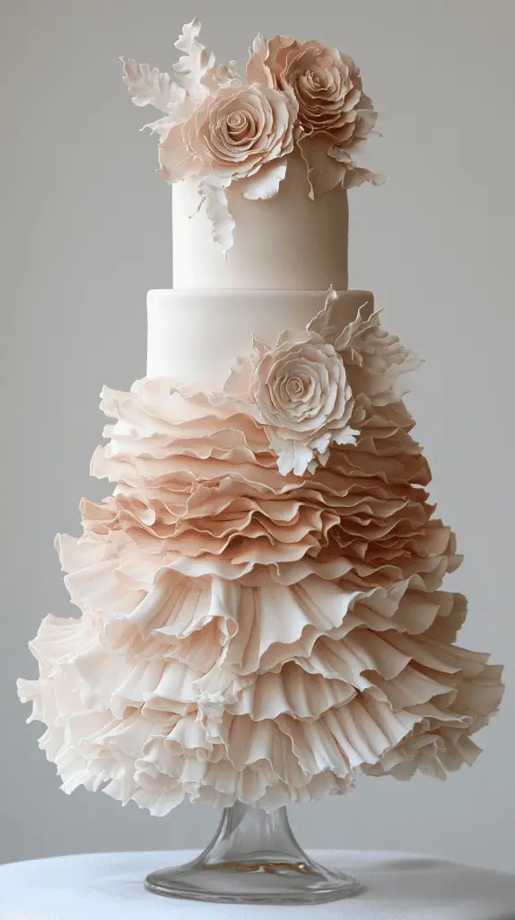 A soft pastel boho chic wedding cake with delicate ruffled layers of fondant, creating a flowing, fabric-like texture that adds movement and romance to the design.