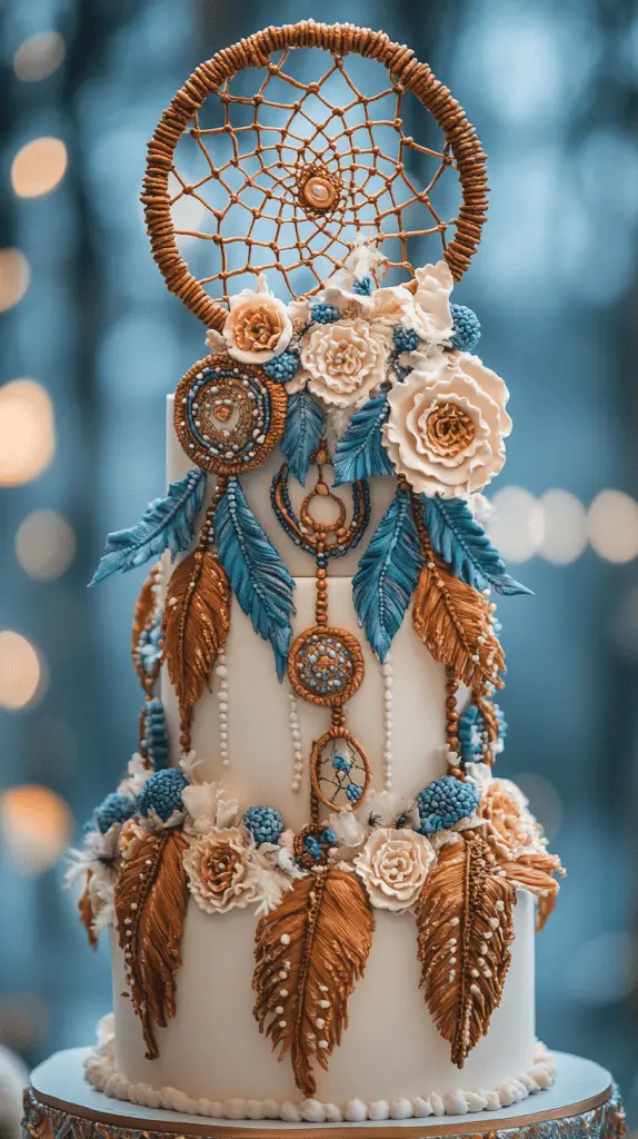 A whimsical boho chic cake adorned with dreamcatcher-inspired fondant decorations, featuring detailed edible feathers and beadwork, reflecting bohemian luxury and storytelling through its design.