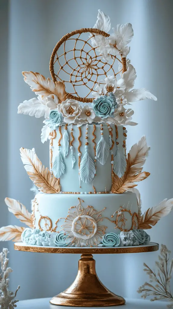 A whimsical boho chic cake adorned with dreamcatcher-inspired fondant decorations, featuring detailed edible feathers and beadwork, reflecting bohemian luxury and storytelling through its design.