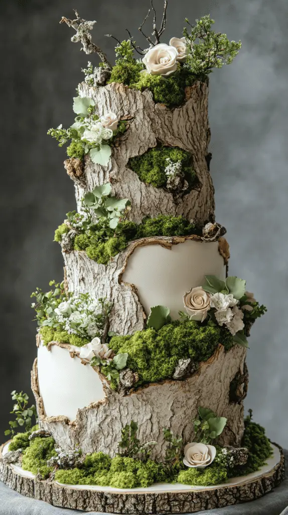 A bohemian wedding cake with bark-like fondant textures, mimicking the appearance of tree bark, adorned with edible moss and nuts, perfect for a woodland or rustic outdoor wedding.