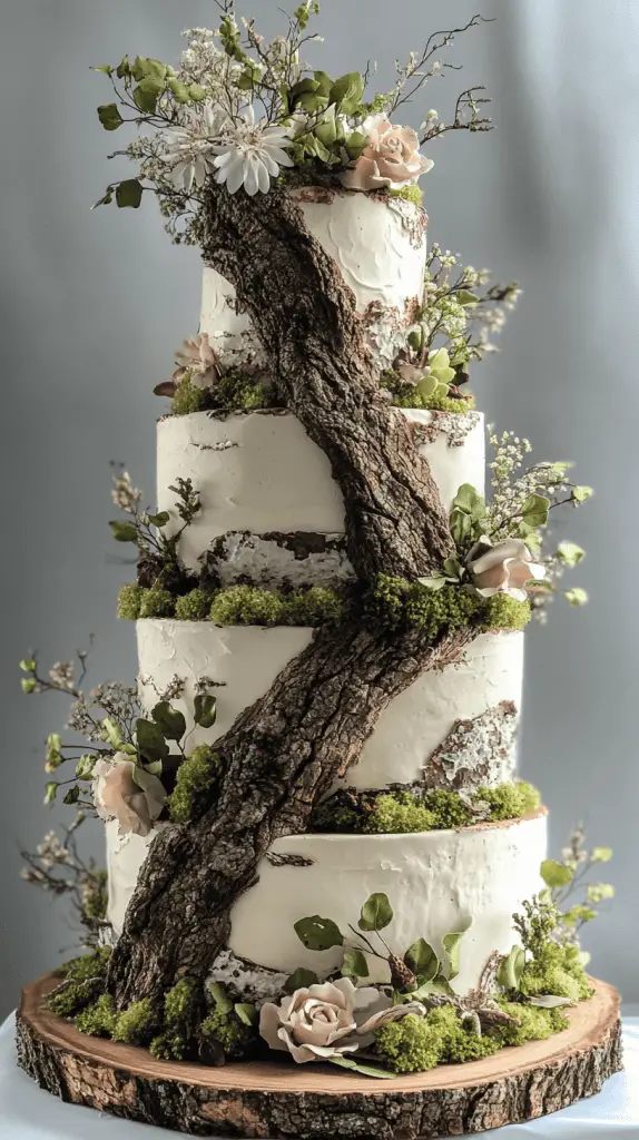 A bohemian wedding cake with bark-like fondant textures, mimicking the appearance of tree bark, adorned with edible moss and nuts, perfect for a woodland or rustic outdoor wedding.