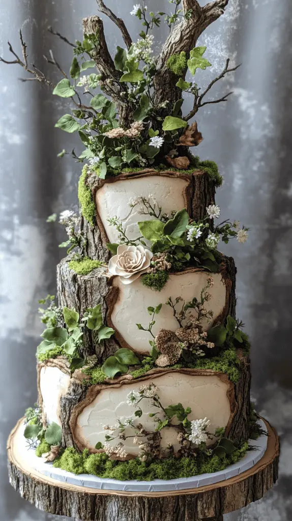 A bohemian wedding cake with bark-like fondant textures, mimicking the appearance of tree bark, adorned with edible moss and nuts, perfect for a woodland or rustic outdoor wedding.