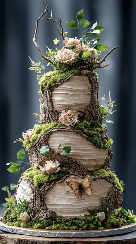 A bohemian wedding cake with bark-like fondant textures, mimicking the appearance of tree bark, adorned with edible moss and nuts, perfect for a woodland or rustic outdoor wedding.