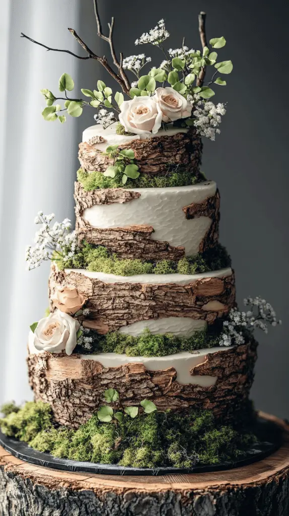 A bohemian wedding cake with bark-like fondant textures, mimicking the appearance of tree bark, adorned with edible moss and nuts, perfect for a woodland or rustic outdoor wedding.