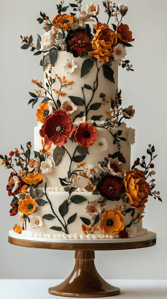 A Frida Kahlo-inspired Mexican wedding cake featuring vibrant, bold floral decorations reminiscent of Kahlo’s art, such as roses, marigolds, and orchids.