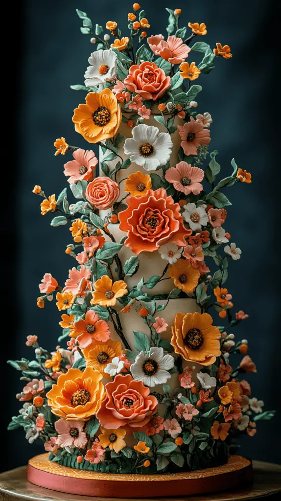 A frida Kahlo-inspired Mexican wedding cake featuring vibrant, bold floral decorations reminiscent of Kahlo’s art, such as roses, marigolds, and orchids.