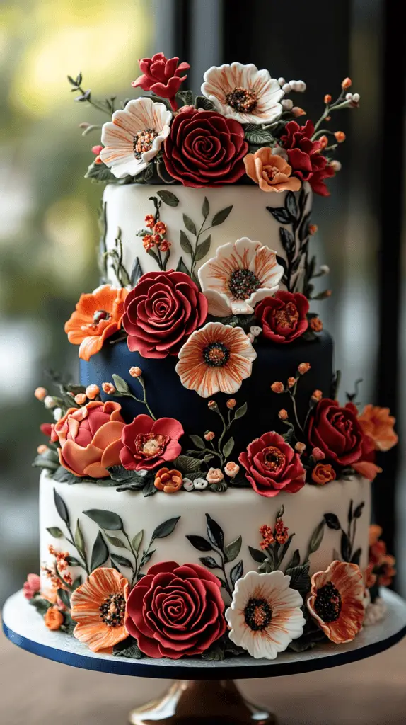 A Frida Kahlo-inspired Mexican wedding cake featuring vibrant, bold floral decorations reminiscent of Kahlo’s art, such as roses, marigolds, and orchids.